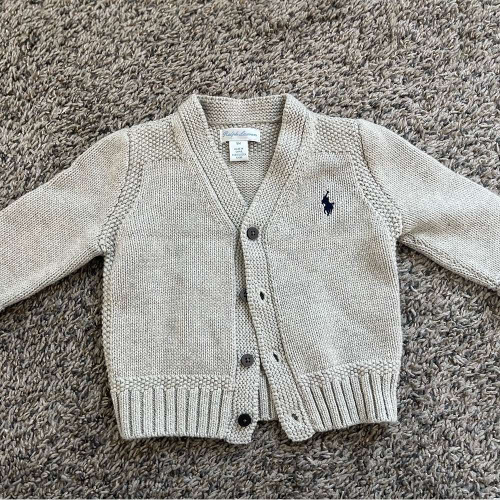 Lightly worn Heather Gray Ralph Lauren Boys' Combed Cotton Sweater, 9 months.